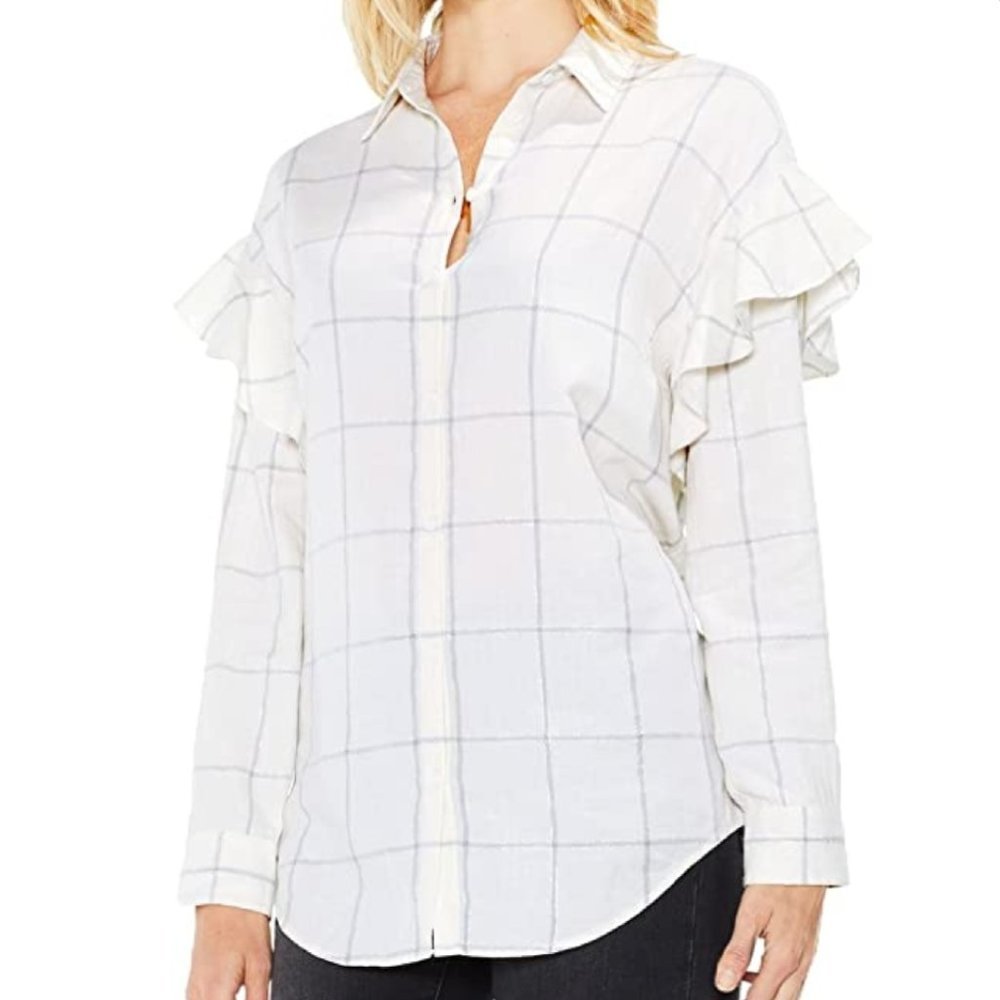 NWT Vince Camuto Windowpane Ruffle Button Down Top